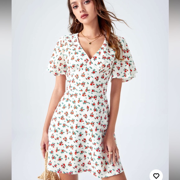 Floral V-neck Short Sleeve Mini Dress - Picture 1 of 9